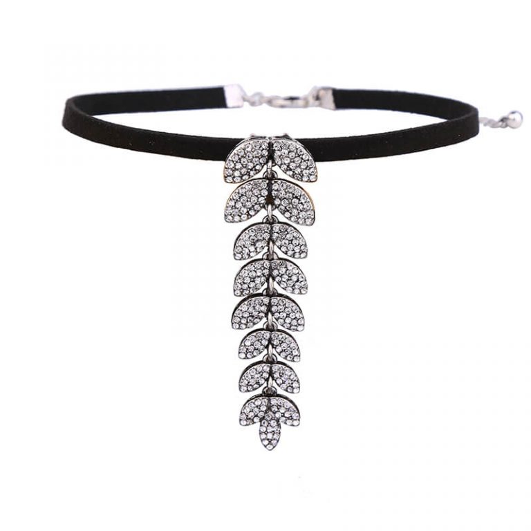 leaf crystal pendant choker necklace