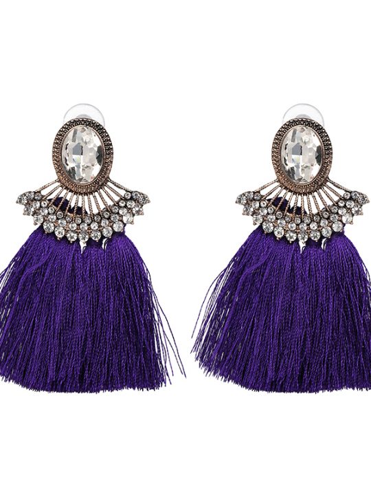 Purple Tassel Crystal Statement Earrings
