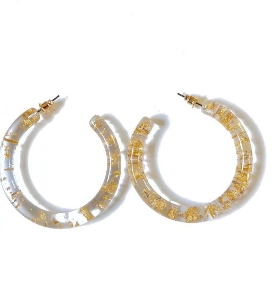 Glitter Gold Clear Resin Hoop Earrings